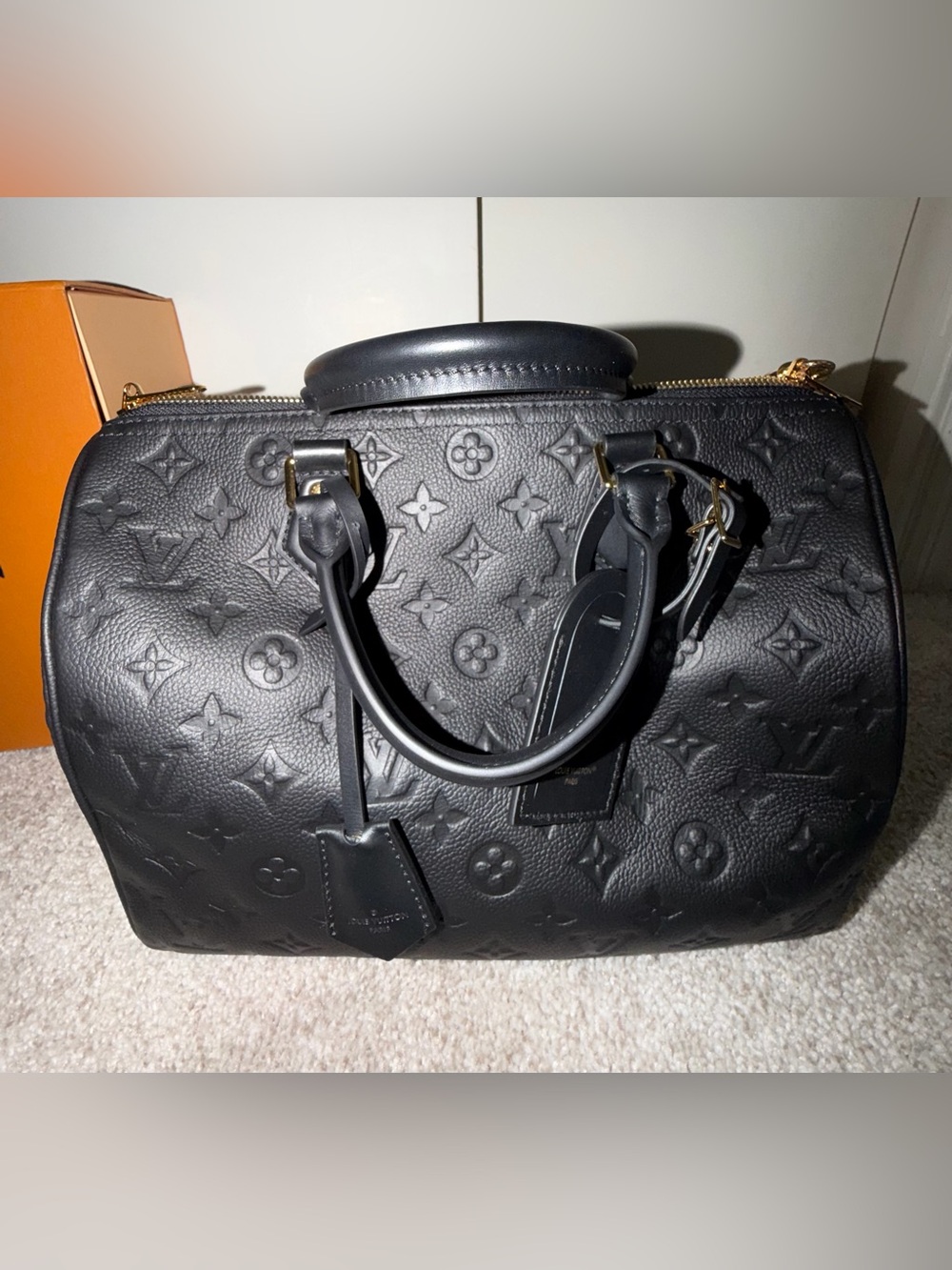 Luxury Black Monogram Embossed Leather Satchel with Gold Hardware